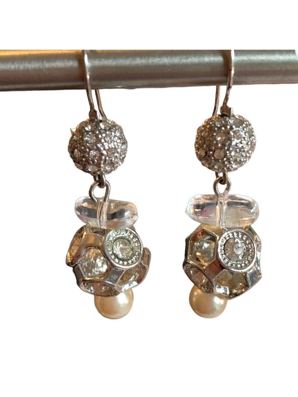 Rhinestone & Pearl Silver Cluster Pierced Drop Earrings